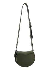 Sac bandoulière vert olive en cuir texturé avec une forme arrondie, une sangle réglable et des accents en métal argenté.