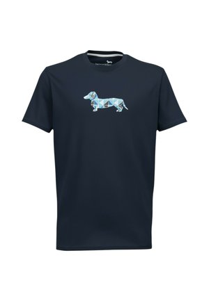T-shirt blu navy a maniche corte con un disegno geometrico di un bassotto in tonalità di blu al centro del petto.