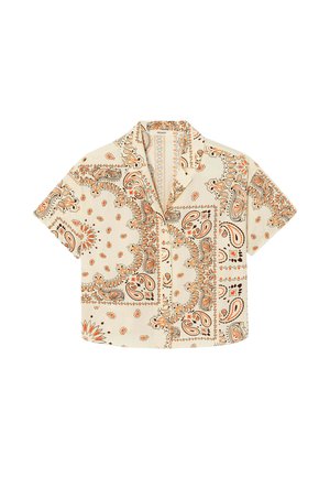 Chemise crème à manches courtes boutonnée, imprimé bandana paisley et floral orange et marron, avec une poche poitrine unique.