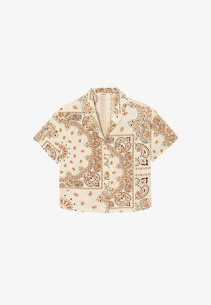 Chemise crème à manches courtes boutonnée, imprimé bandana paisley et floral orange et marron, avec une poche poitrine unique.