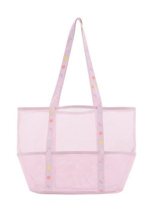 Grand sac fourre-tout en filet rose clair avec de longues poignées à motifs comprenant de petits dessins colorés de fruits et de feuilles.