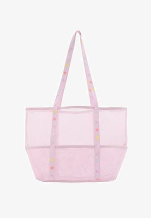 Grand sac fourre-tout en filet rose clair avec de longues poignées à motifs comprenant de petits dessins colorés de fruits et de feuilles.