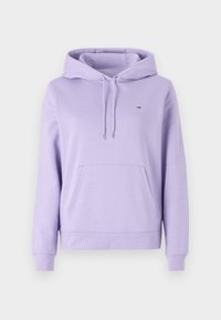 Sudadera con capucha lila hecha de un material suave, con un bolsillo frontal, capucha con cordón y un pequeño logo en el pecho. Puños y dobladillo acanalados.