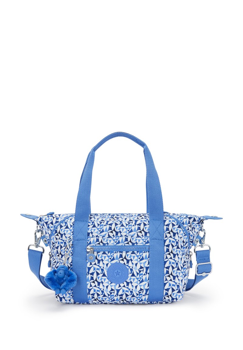 Borsa blu a motivo floreale, con due manici superiori, una tracolla regolabile e un portachiavi a pompon rimovibile.