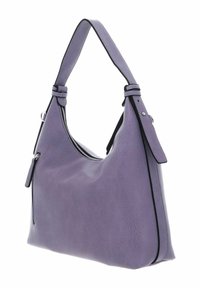 Sac à bandoulière en cuir violet avec une texture lisse, une forme courbée et des accents noirs. Comprend une fermeture éclair et une sangle réglable.
