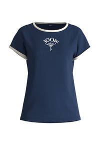 Marineblaues T-Shirt mit kurzen Ärmeln und rundem Halsausschnitt, mit kontrastierendem hellgrauem Besatz und weißem "JOOP!"-Logo in der Mitte.