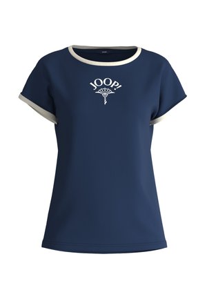 Navy blue short-sleeve T-shirt with a round neckline, featuring a contrasting light gray trim and a white "JOOP!" logo in the center.