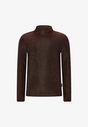 Brauner, langärmliger Rollkragenoberteil aus einem strukturierten, glitzernden Stoff mit einer lockeren Passform. Keine sichtbaren Muster oder Hardwaredetails.