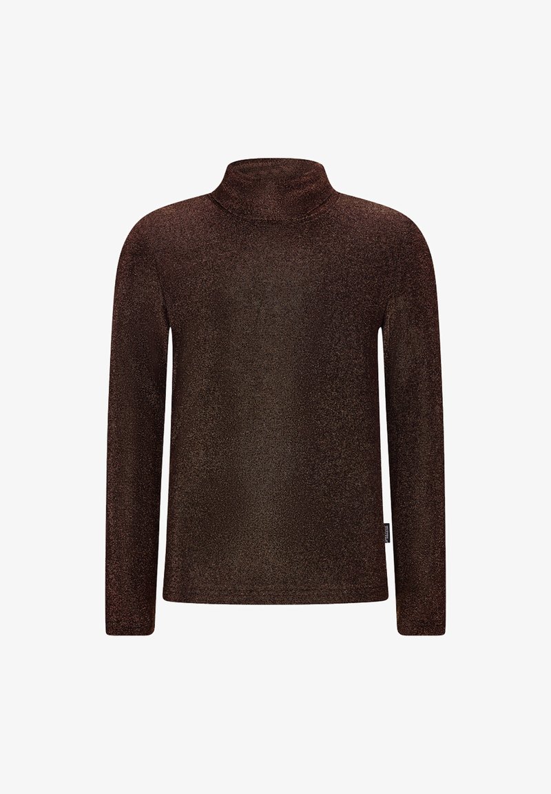 Brauner, langärmliger Rollkragenoberteil aus einem strukturierten, glitzernden Stoff mit einer lockeren Passform. Keine sichtbaren Muster oder Hardwaredetails.