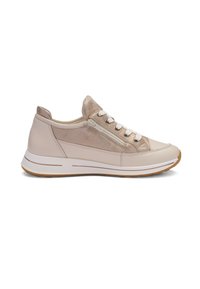Sneaker beige con tomaia in pelle liscia e pannello texturizzato, dotata di zip laterale, chiusura con lacci e suola in gomma.