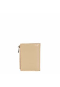 Portafoglio in pelle beige con una superficie liscia, orientamento verticale e una tasca con zip sul lato. Nessun marchio o motivo visibile.