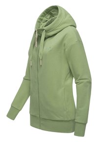 Felpa zip con cappuccio di colore verde chiaro, realizzata in tessuto morbido, caratterizzata da un cappuccio ampio, dettagli con cordino e polsini e orlo a costine. Dettaglio logo discreto.