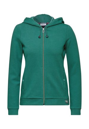 Green zip-up hoodie made from textured fabric, featuring a hood, drawstrings, side pockets with buttons, and a small logo tag.