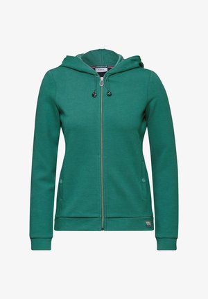 Felpa verde con zip realizzata in tessuto testurizzato, dotata di cappuccio, cordini, tasche laterali con bottoni e una piccola etichetta con logo.