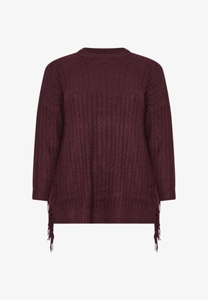 Jersey de punto en burdeos oscuro con textura en canalé, escote redondo, corte oversize y flecos laterales para un detalle adicional.