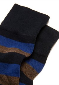 Medias a rayas de tejido suave con franjas horizontales en azul marino, negro y marrón, y con un puño acanalado.