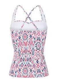 Ærmeløs top med et geometrisk mønster i pink, blå og marineblå. Har krydsende stropper og en glat hvid foring.