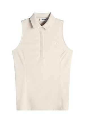 Ärmelloses beiges Poloshirt mit Kragen und teilweisem Knopfleiste, mit einem kleinen, geprägten Logo auf der linken Brust.