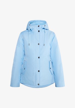 Giacca a vento blu chiaro imbottita con cappuccio, due tasche laterali, bottoni a pressione neri e cordino al collo per una vestibilità e uno stile regolabili.