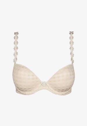 Beige karierter BH mit gepolsterten Cups, floraler Akzent in der Mitte und dekorativen Spitzen-Trägern. Glatte Textur, Unterwäschestütze und verstellbare Träger.