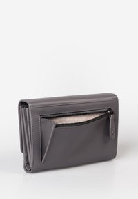 Gray leather wallet with a rectangular shape, featuring a zippered pocket on the front, smooth texture, and minimalist design details.