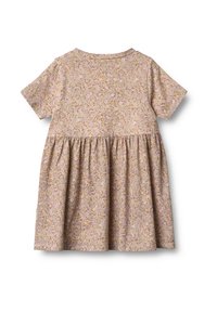Obleka za malčke s kratkimi rokavi, z nabranim pasom in zadržanim cvetličnim vzorcem v bež, sivordeči in rjavi barvi, prikazana od zadaj.
