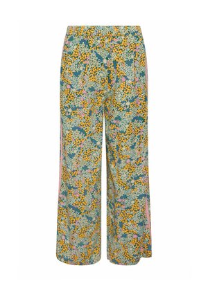 Pantalones de pernera ancha con cintura elástica, cubiertos con un estampado floral denso con flores amarillas, blancas y rosas sobre un fondo verde azulado.