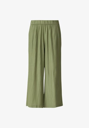 Szerokie, skrócone spodnie w jasnym oliwkowym zielonym kolorze z elastycznym paskiem w talii i subtelną pionową strukturą na tkaninie.