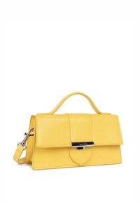 Borsa a mano in pelle gialla con design strutturato, manico superiore, tracolla rimovibile e chiusura frontale con accento nero.