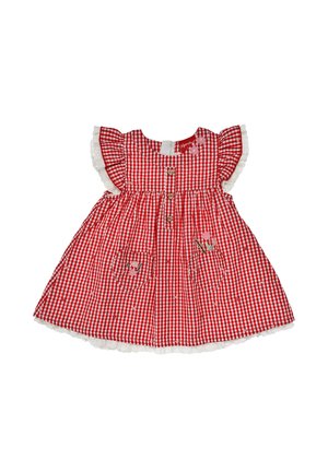 Rotes und weißes Vichy-Kleidchen für Babys mit kurzen, gerafften Ärmeln, herzförmigen Knöpfen, zwei vorderen Taschen und kleiner Blumenstickerei.