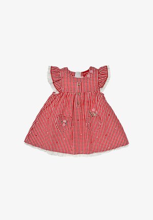 Red and white gingham baby dress with short ruffled sleeves, heart-shaped buttons, two front pockets, and small floral embroidery.