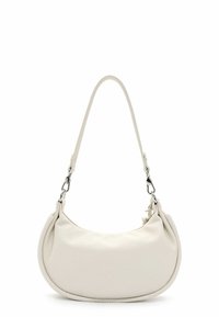 White leather shoulder bag with a curved shape. Features a thin strap and silver hardware. Texture is smooth with a subtly pebbled finish.