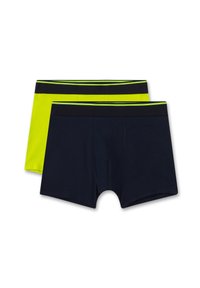 Zwei Paare Herrenboxershorts; eine in Neon-Gelb mit einem schwarzen Bund und die andere in Marineblau mit passendem schwarzen Bund.