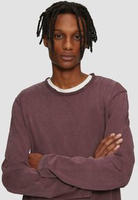 Langärmliges, kastanienbraunes Sweatshirt mit geripptem Kragen und strukturiertem Stoff. Verfügt über einen entspannten Schnitt und leicht ausgefranste Bündchen.