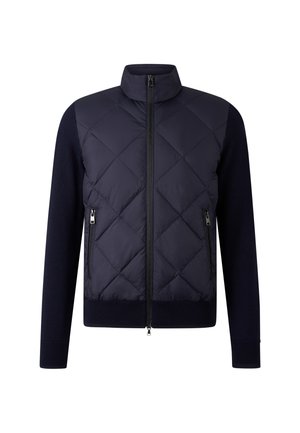 Navy gesteppte Jacke mit Stehkragen, Reißverschluss vorne und zwei seitlichen Taschen. Mit gestrickten Ärmeln und Saum, mit einer glatten Oberfläche.
