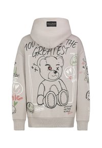 Capuchontrui in lichtbeige met een cartoonbeer op de achterkant, omlijnde tekst en kleurrijke krabbels. Gemaakt van een zachte katoenmix.
