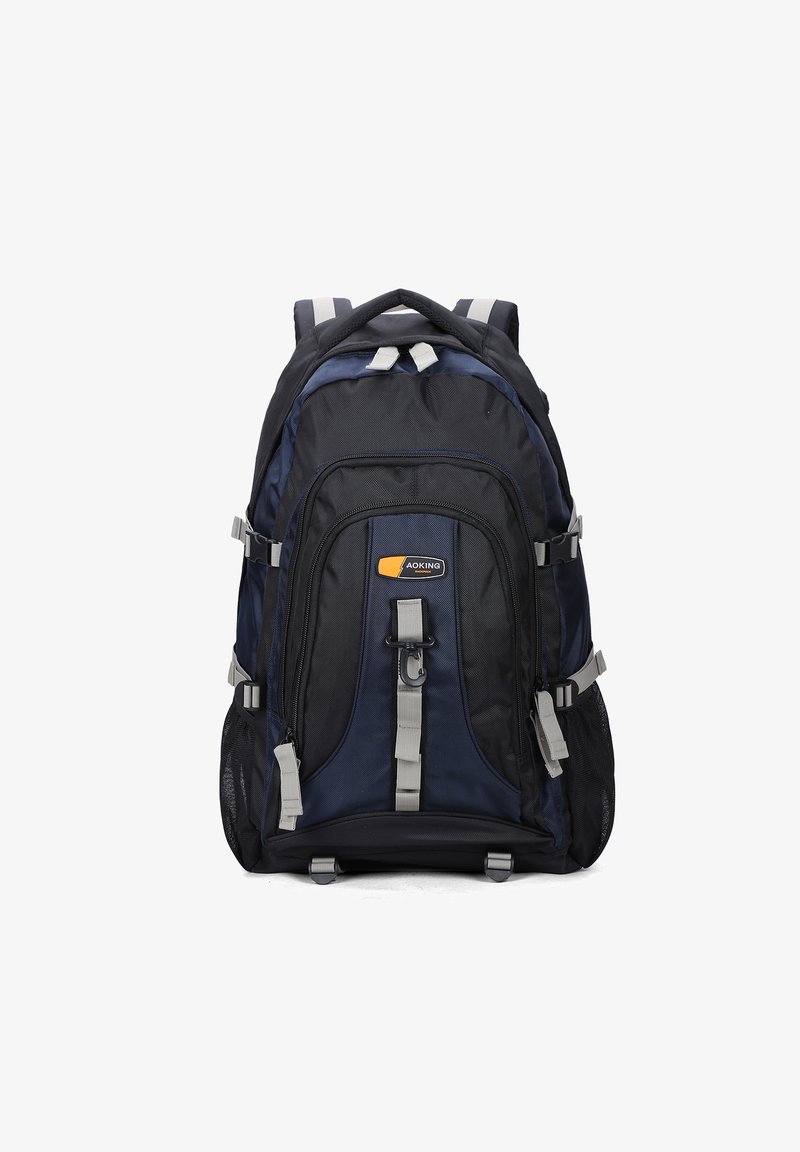 Sac à dos bleu foncé et noir avec plusieurs compartiments, bretelles réglables, poches latérales en maille et une poignée supérieure pour le transport.