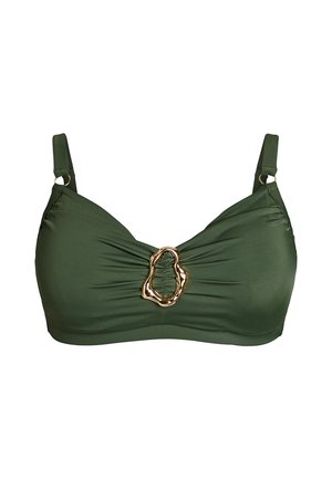 Tamnozeleni gornji dio bikinija s podesivim naramenicama i sjajnim nepravilnim zlatnim prstenom u sredini sprijeda.