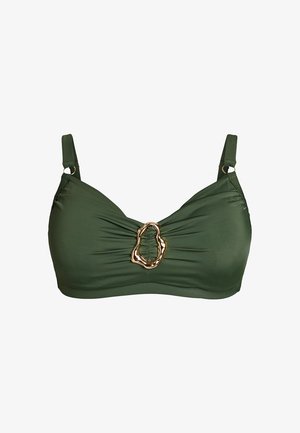 Tmavozelený horný diel bikín s nastaviteľnými ramennými popruhmi a lesklým nepravidelným zlatým prsteňom v strede prednej časti.