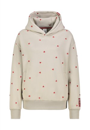 Cream-colored hoodie with a front pocket, featuring a pattern of small red hearts. Made of soft fabric, includes ribbed cuffs and hem.