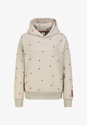 Cremefarbener Kapuzenpullover mit einer Vorderentasche und einem Muster aus kleinen roten Herzen. Hergestellt aus weichem Stoff, mit gerippten Bündchen und Saum.