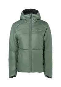 Giubbotto isolato verde con zip frontale, cappuccio e design imbottito. Presenta una fodera nera a contrasto e un dettaglio del logo discreto sul petto.