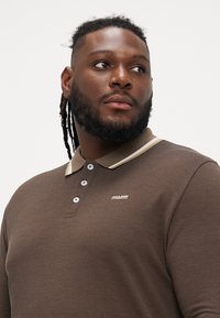 Brown long-sleeve polo shirt with a beige collar, three buttons, and a small logo. Textured fabric with a ribbed pattern.