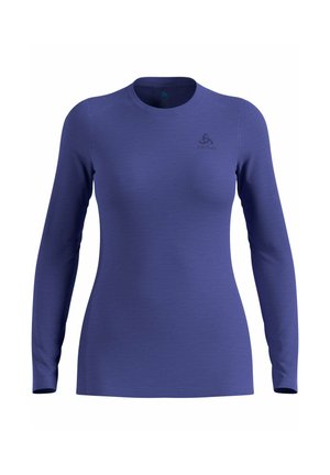 Langärmliges lila Sportshirt aus glattem Material, mit flachen Nähten und einem kleinen Logo auf der Vorderseite. Bequeme Passform mit Rundhalsausschnitt.