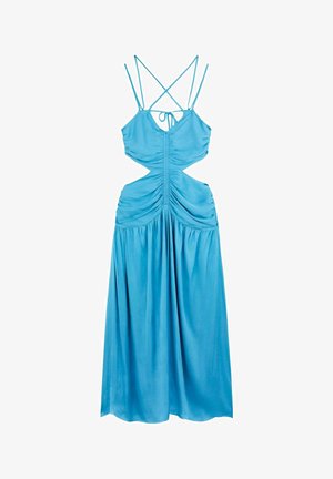 Himmelblaues Midi-Kleid mit Spaghetti-Trägern, gerafftem Oberteil, ausgeschnittenen Seiten und einem fließenden Rock. Hergestellt aus glattem, leichtem Stoff.