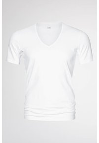 Weißes Kurzarm-V-Ausschnitt-T-Shirt aus glattem Stoff, mit taillierter Passform und einfacher Verarbeitung ohne Muster oder Akzente.