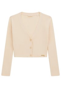 Cardigans in maglia a coste color crema con scollatura a V profonda, maniche lunghe, chiusura con quattro bottoni e un sottile accento del logo dorato all'orlo.