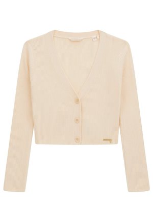 Cardigans in maglia a coste color crema con scollatura a V profonda, maniche lunghe, chiusura con quattro bottoni e un sottile accento del logo dorato all'orlo.