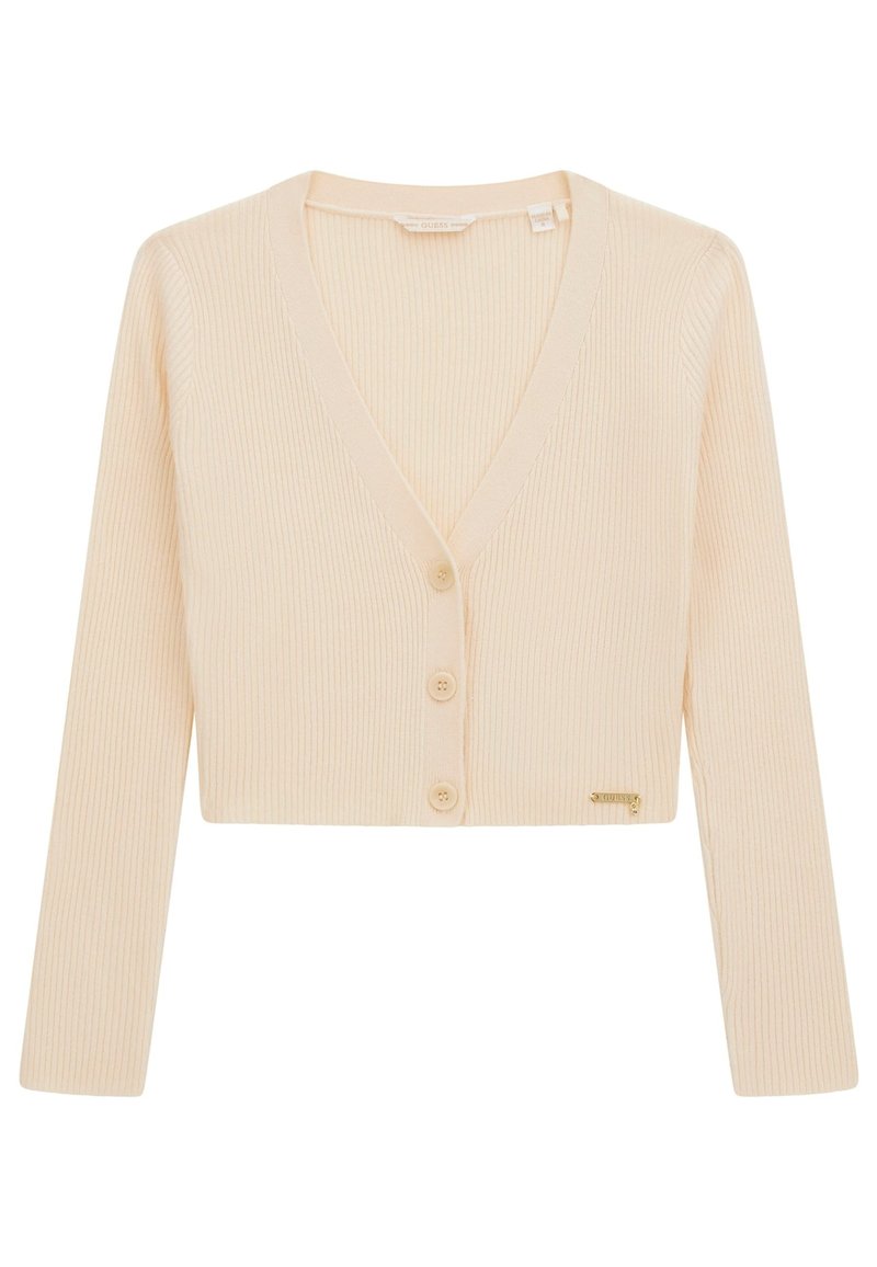 Cardigans in maglia a coste color crema con scollatura a V profonda, maniche lunghe, chiusura con quattro bottoni e un sottile accento del logo dorato all'orlo.