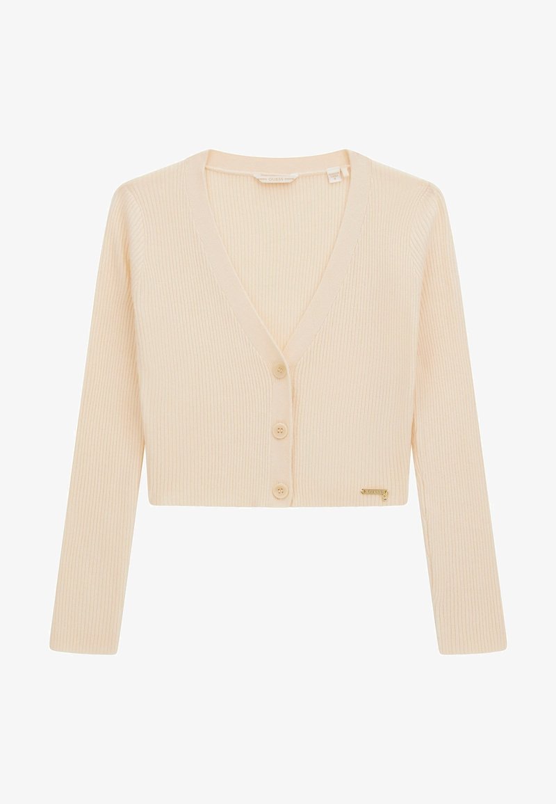 Cardigans in maglia a coste color crema con scollatura a V profonda, maniche lunghe, chiusura con quattro bottoni e un sottile accento del logo dorato all'orlo.